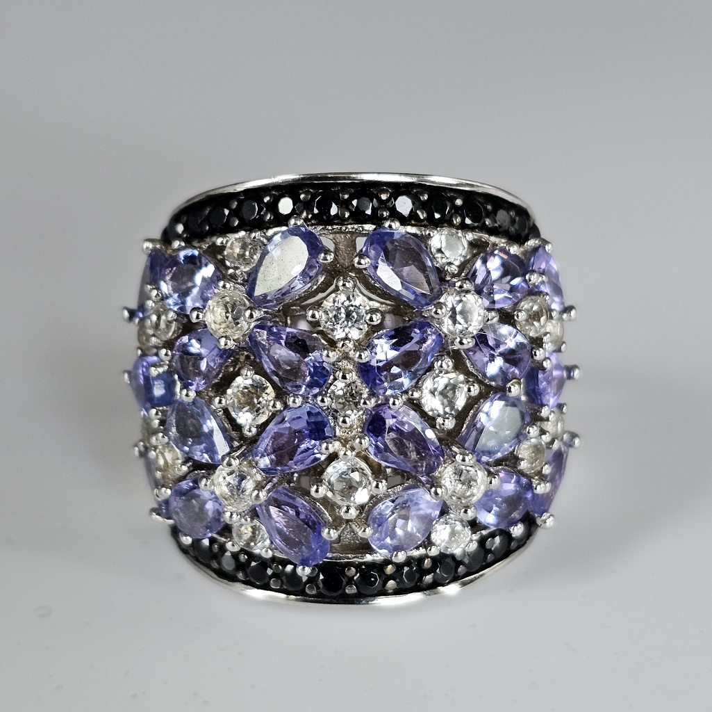 Natural Tanzanite, Black Spinel, & White Zircon Ring Sterling Silver Size 7!